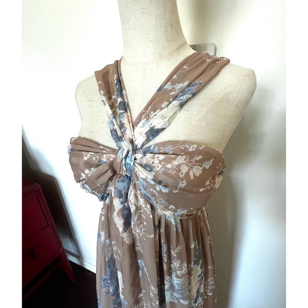 PURPOSE + PASSION Boutique Beige Floral Bandeau Halter Ruffled Maxi Dress Sz S - Picture 2 of 15